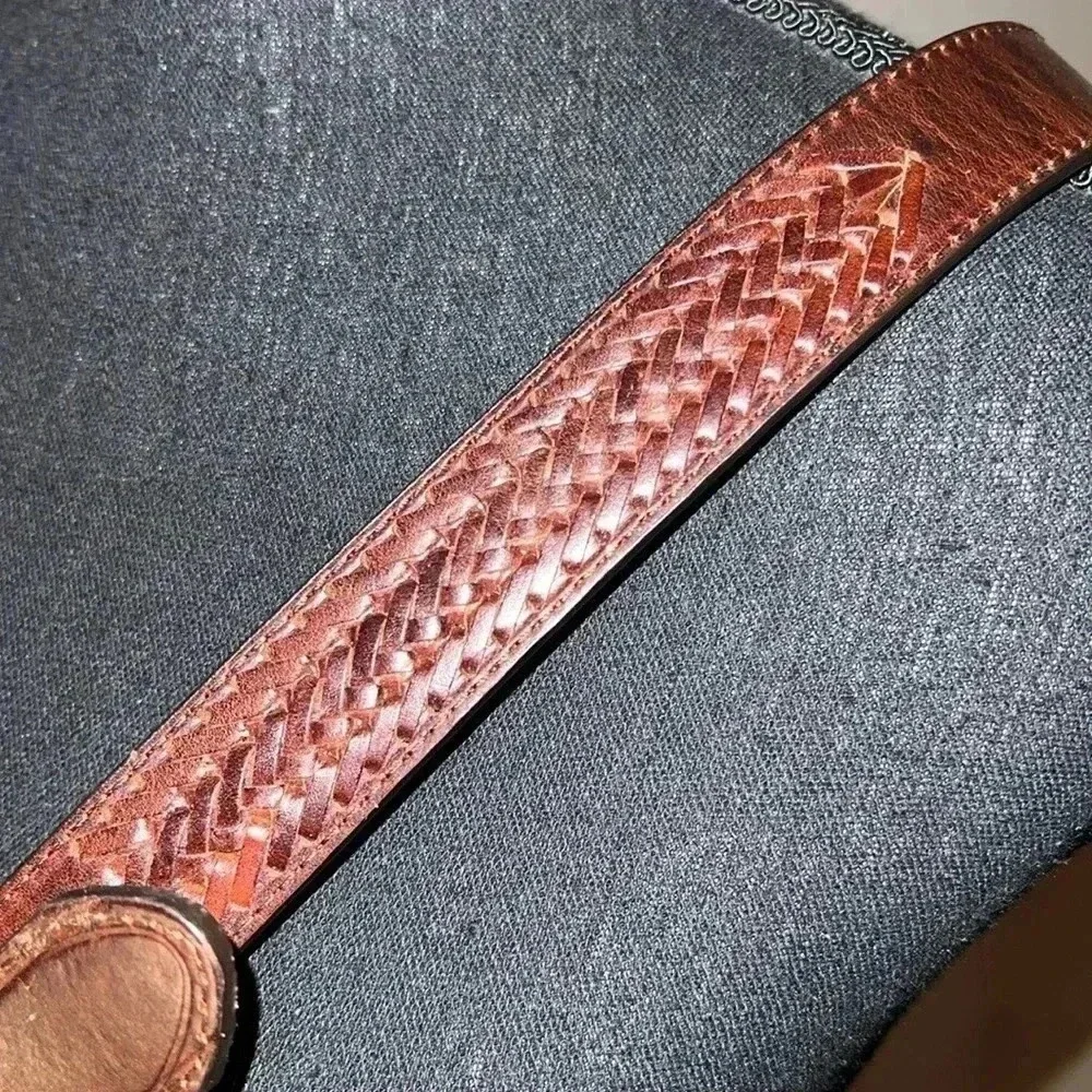 Men’s Brown Leather Braided Solid Belt with Solid Brass Buckle Size 42